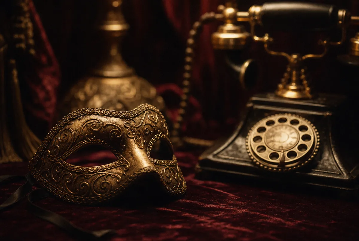 Maskenball-Maske auf dunklem Samt neben einem Telefon
