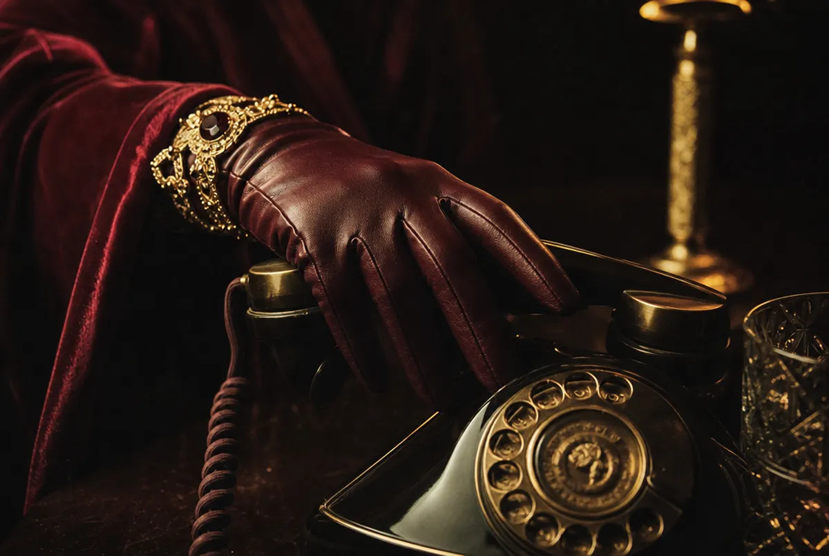 Behandschuhte Hand mit Telefonh&ouml;rer im Bordeaux-Licht